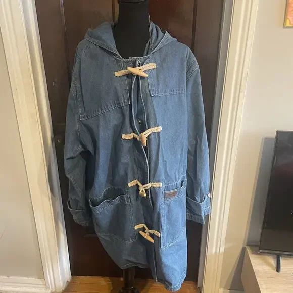 Vintage Denim & Co Duffle Chore Coat Womens 2XL Hooded 90s Long Blue Denim Togs - Picture 1 of 15